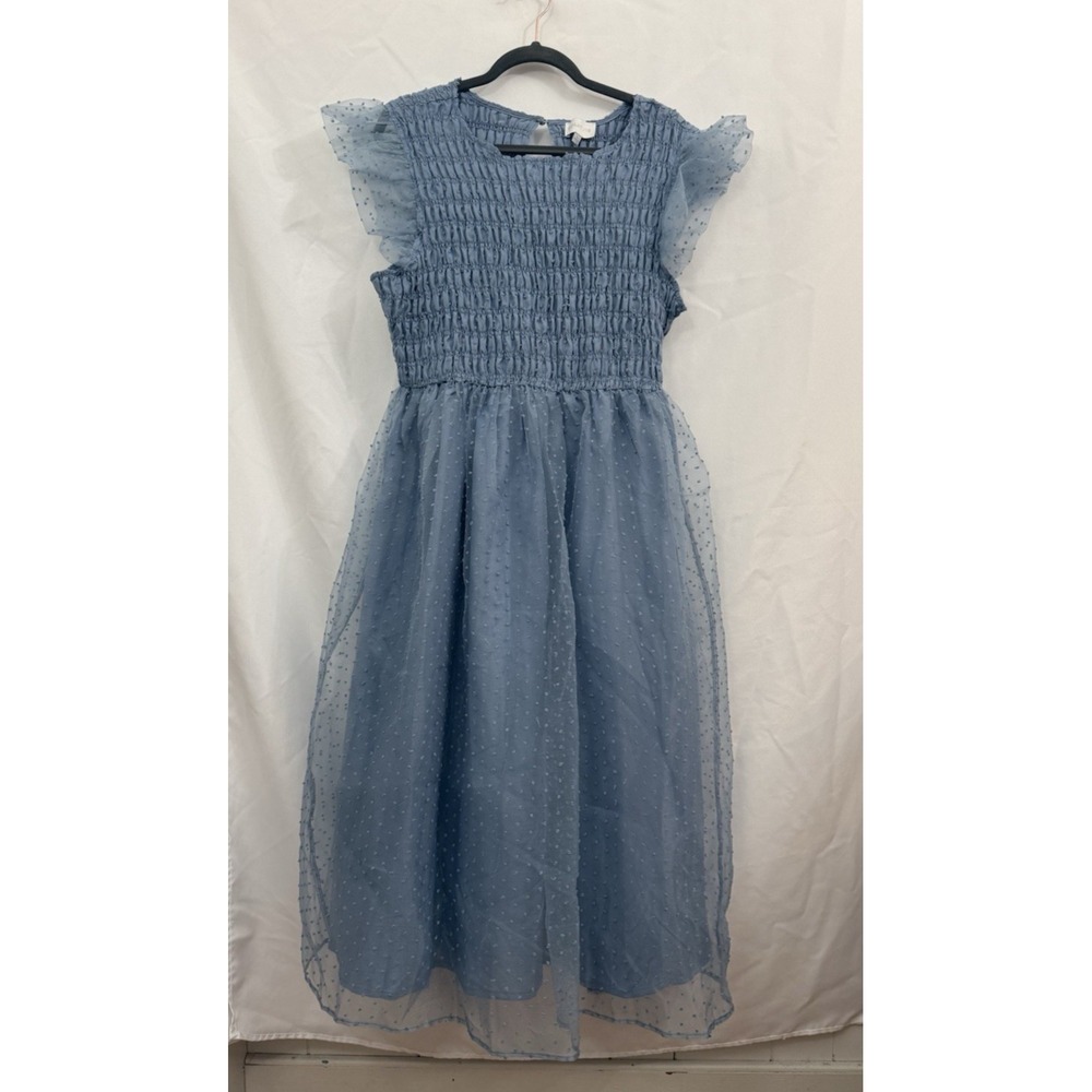SUGARLIPS Lucille Organza Dot Smocked‎ Midi Dress Blue Size Large
